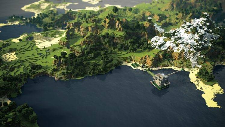 Minecraft, Coast, Mountain, Trees, Beach, Grass, Render HD Wallpaper Desktop Background
