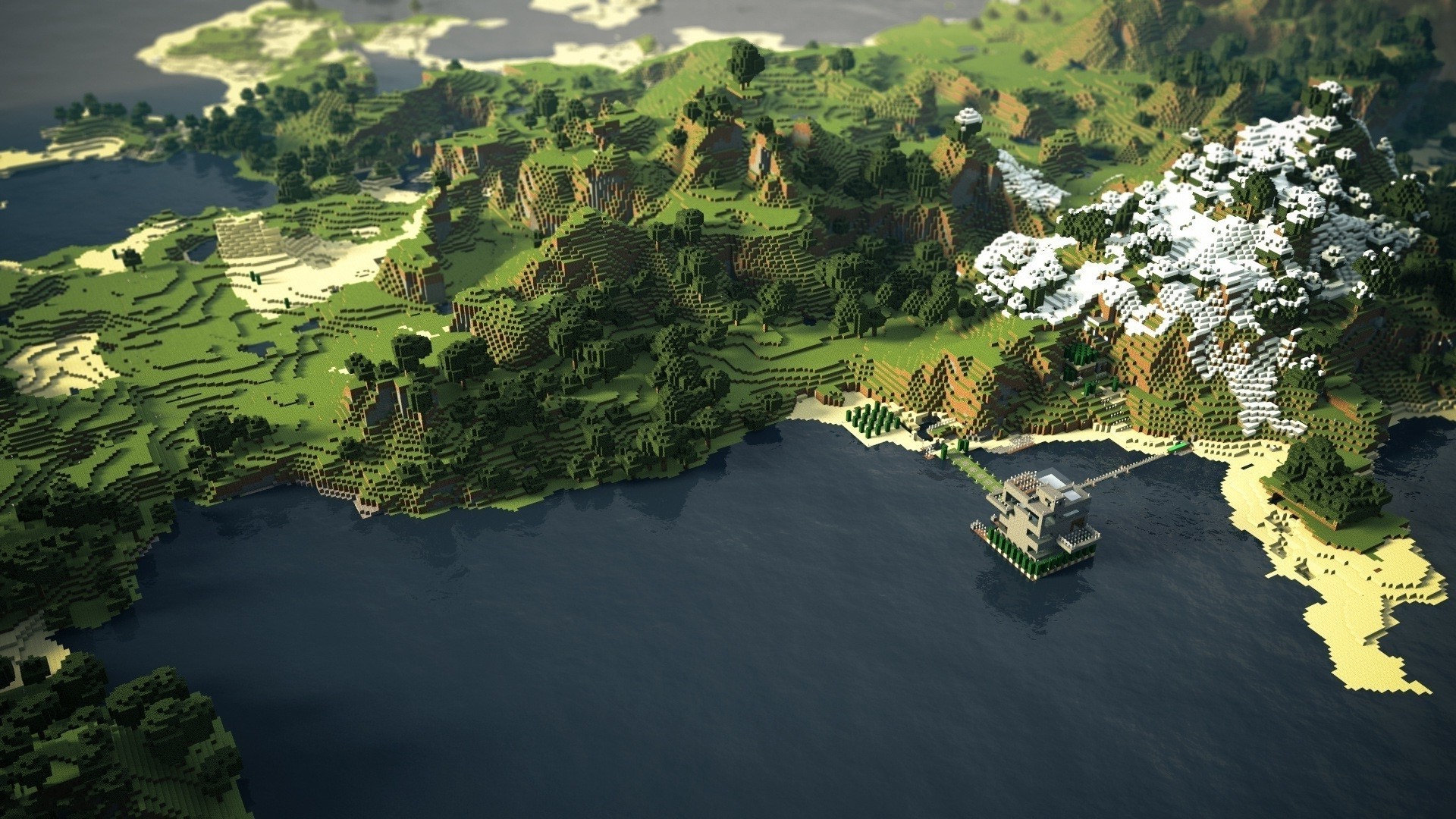 Minecraft, Coast, Mountain, Trees, Beach, Grass, Render Wallpaper