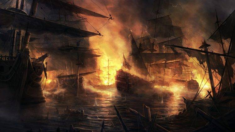 sailing Ship, Fire, Smoke, Cannons, Armada, Empire: Total War HD Wallpaper Desktop Background