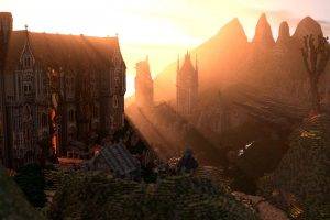 Minecraft, Render, Screenshots, Mansions, Sunset
