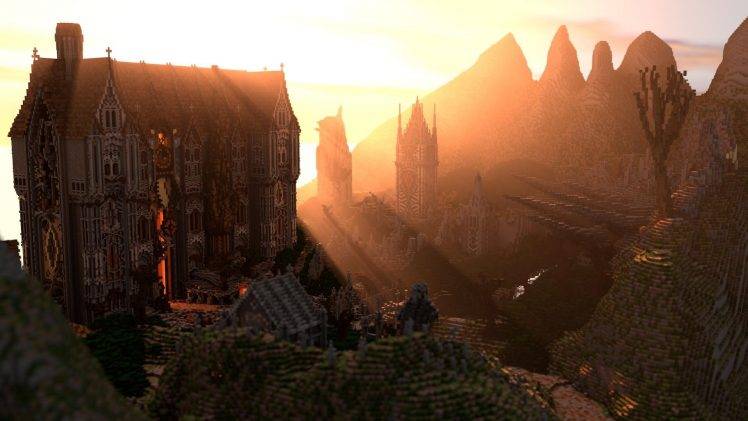 Minecraft, Render, Screenshots, Mansions, Sunset HD Wallpaper Desktop Background
