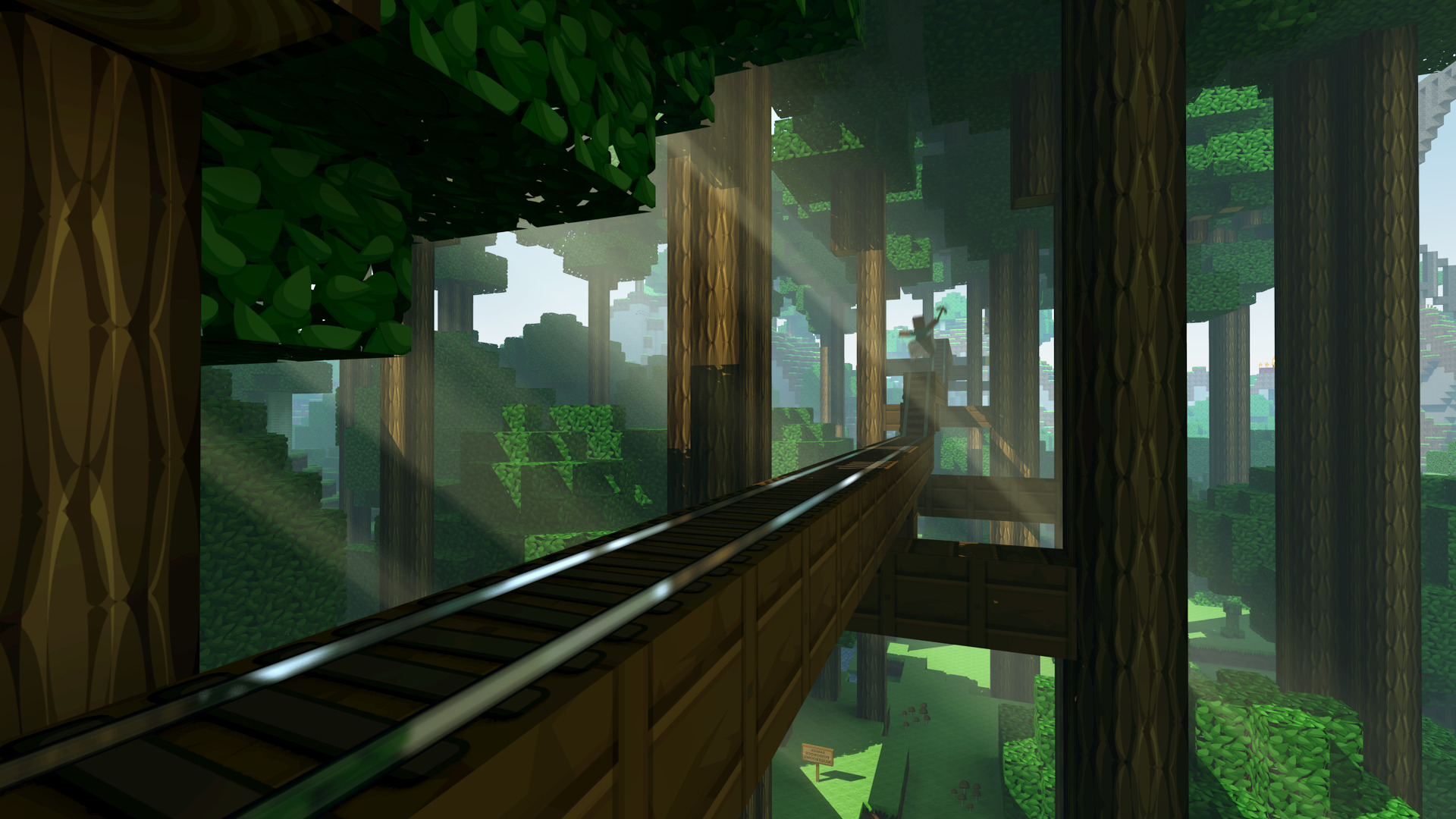 Minecraft, Railway, Trees, Signs, Creeper, Sun Rays Wallpapers HD