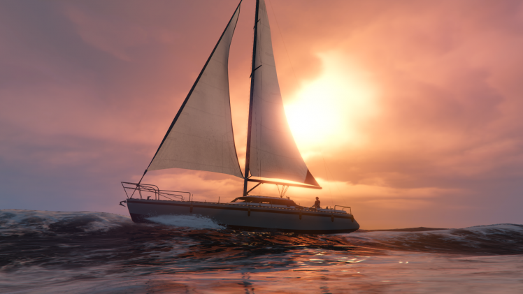 Grand Theft Auto V, Sunset, Sea, Boat HD Wallpaper Desktop Background