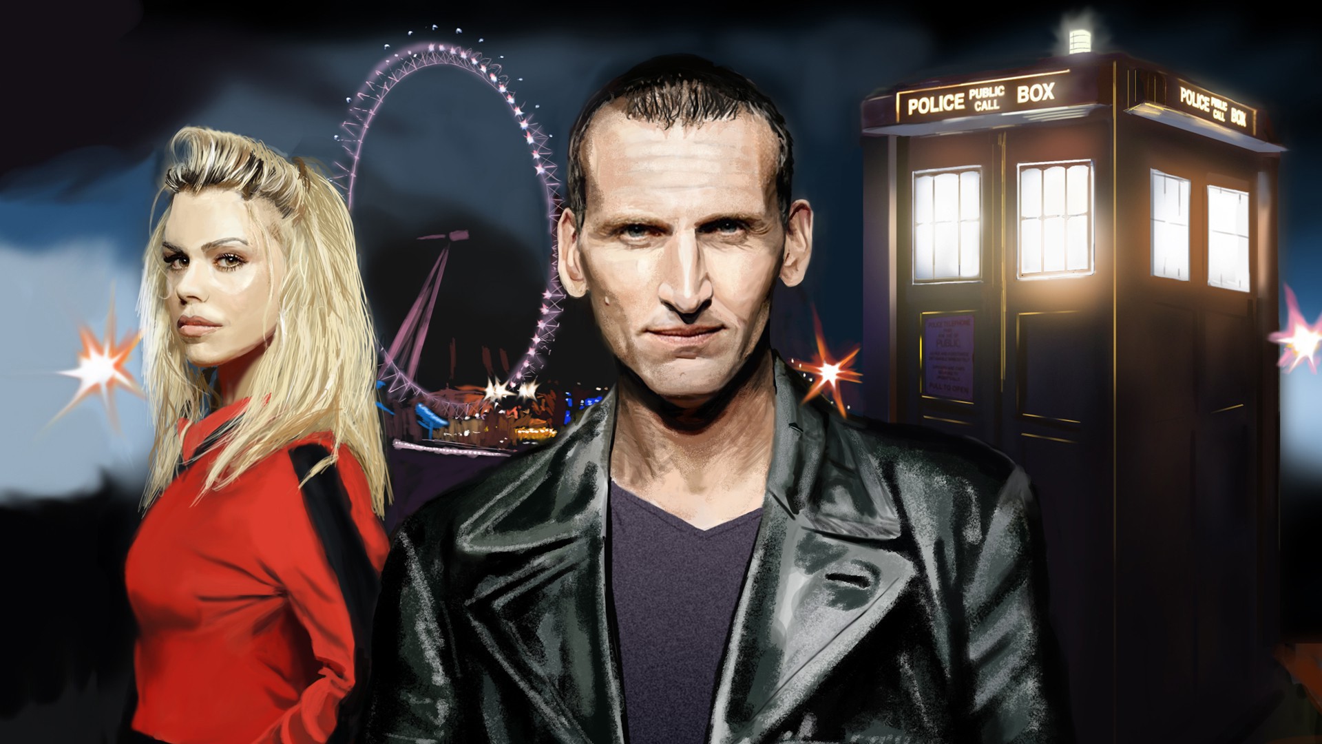 Doctor Who, The Doctor, TARDIS, Christopher Eccleston, Billie Piper, Ferris Wheel, Rose Tyler Wallpaper