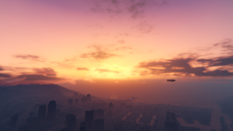 Grand Theft Auto V, Sunset, Sea, City, Clouds HD Wallpaper Desktop Background