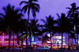 Grand Theft Auto Vice City, Hotels, Beach, Palm Trees, Neon, Evening