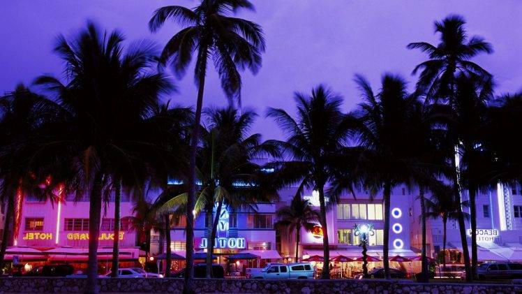 Grand Theft Auto Vice City, Hotels, Beach, Palm Trees, Neon, Evening HD Wallpaper Desktop Background