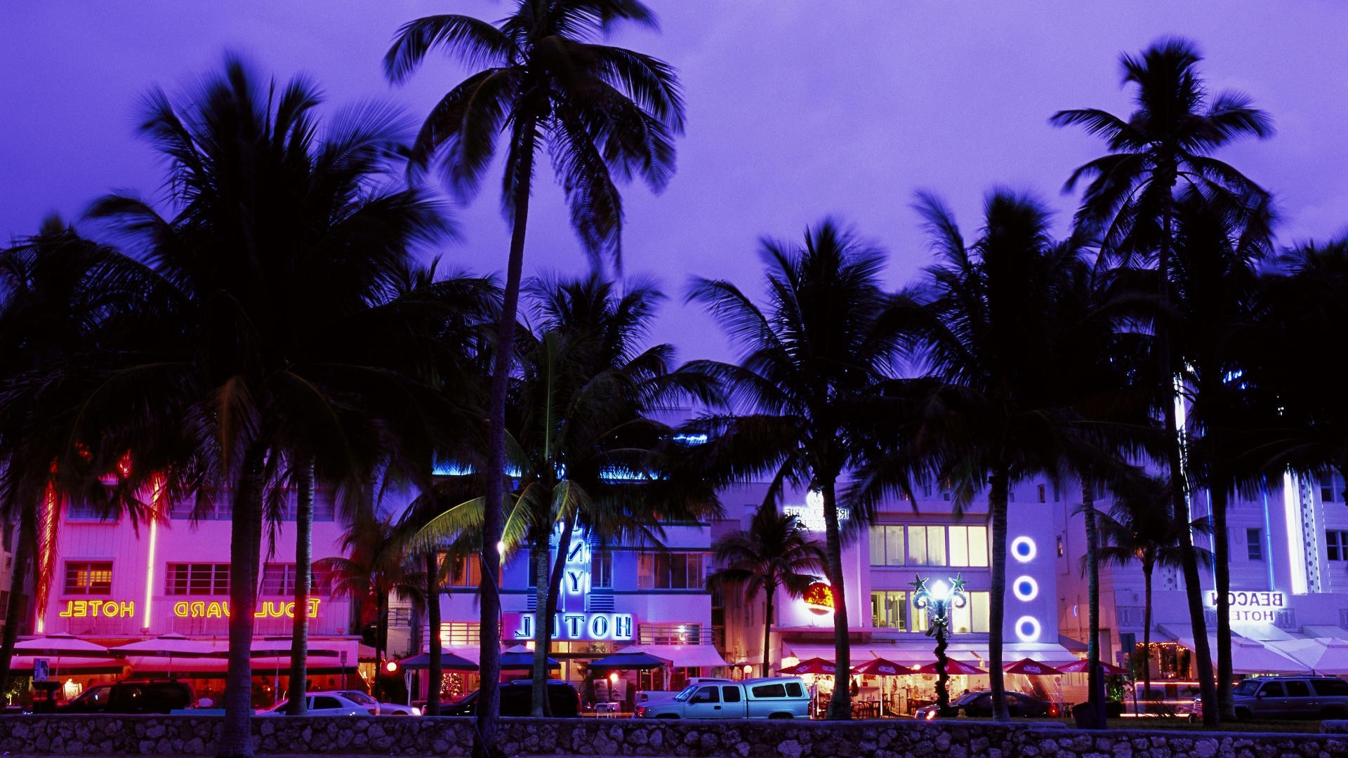 Grand Theft Auto Vice City, Hotels, Beach, Palm Trees, Neon, Evening