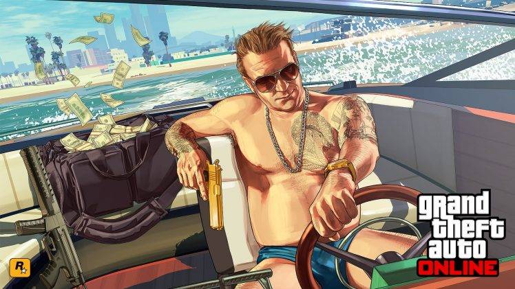 Grand Theft Auto V, Grand Theft Auto V Online, Boat, Money, Gun, Tattoo, Rockstar Games HD Wallpaper Desktop Background