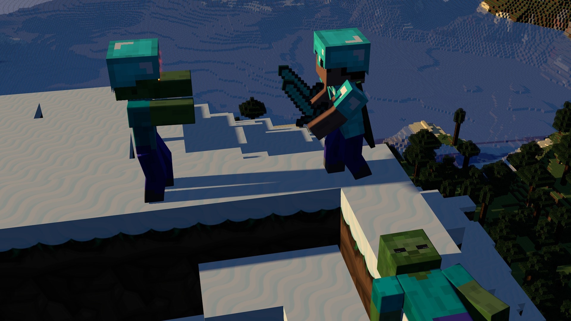 attack, Zombies, Mountain, Snow, Minecraft Wallpaper