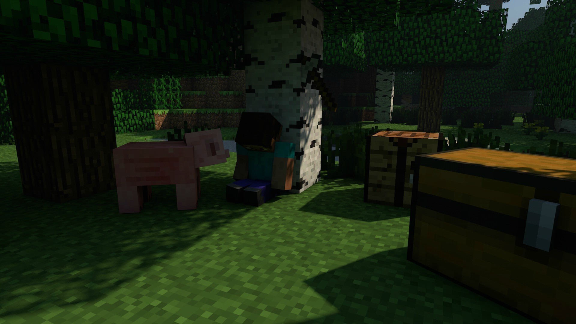 Minecraft, Trees, Crafting Tables, Pigs Wallpaper