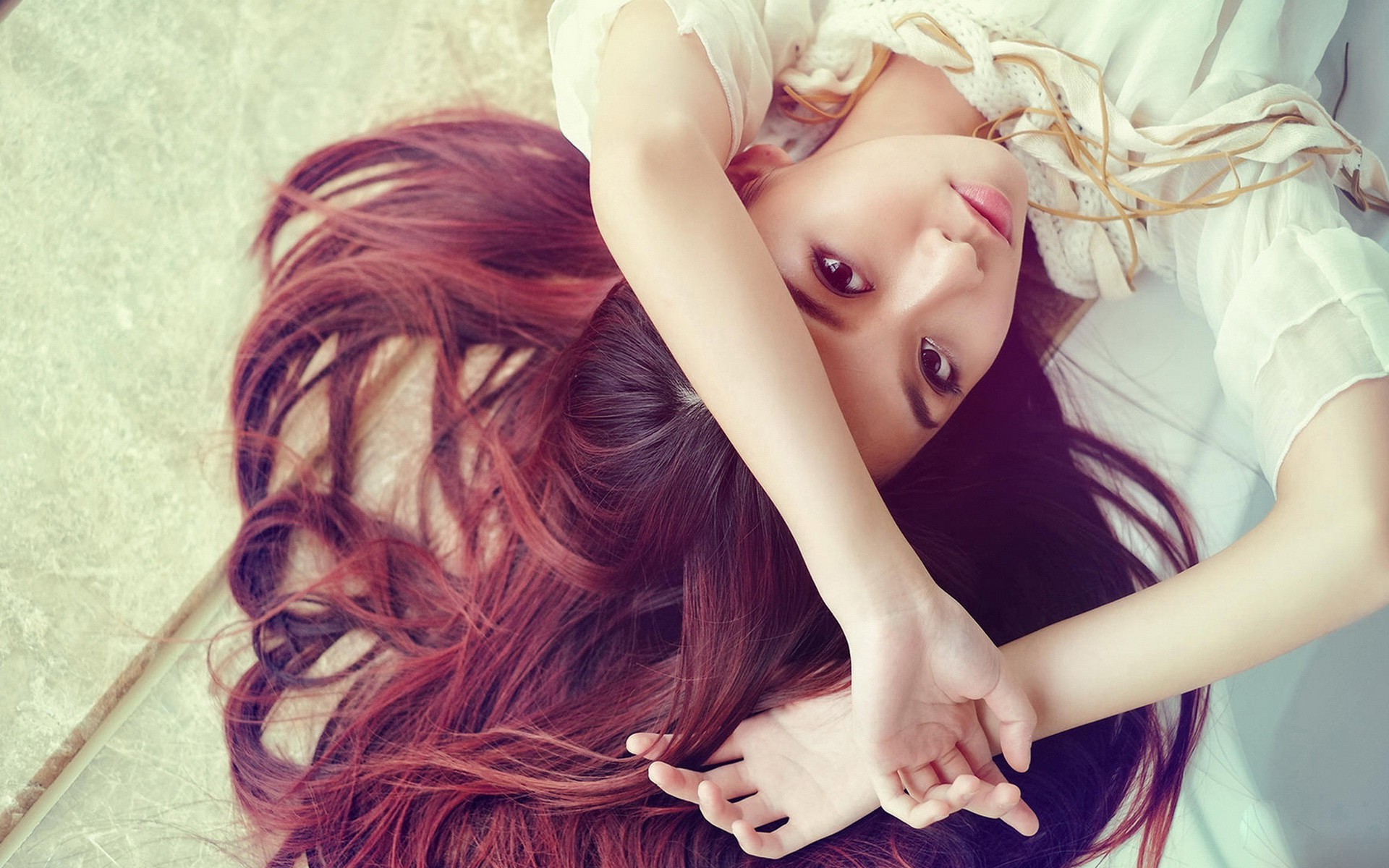 lying Down, Redhead, Women, Asian Wallpaper