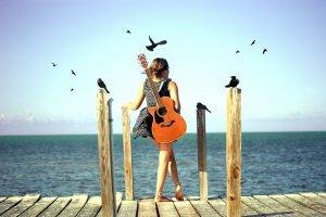 sea, Guitar, Sky, Birds