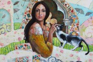 artwork, Painting, Women, Cat