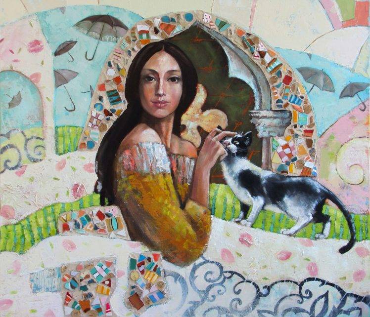 artwork, Painting, Women, Cat HD Wallpaper Desktop Background