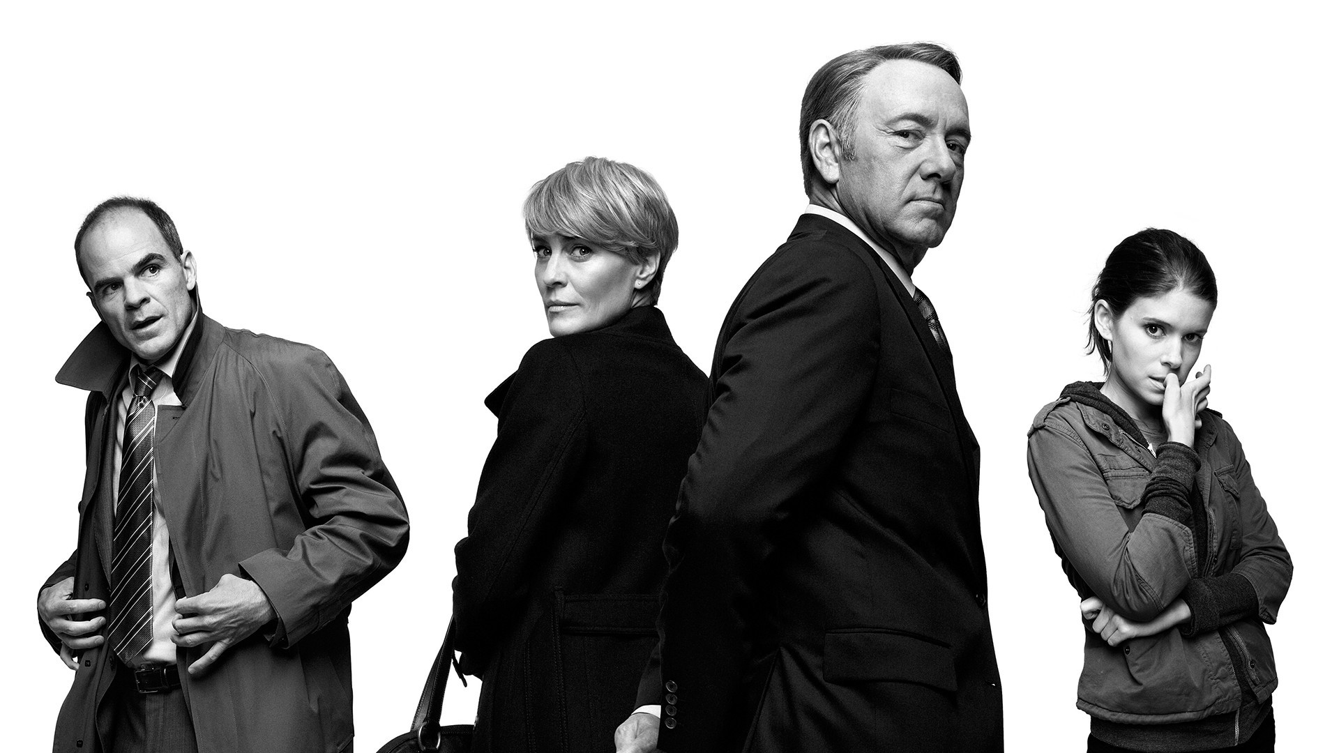 House Of Cards, Kevin Spacey, Actor, Monochrome, Kate Mara, Robin Wright, Michael Kelly Wallpaper