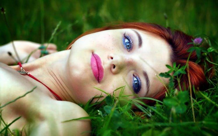 women, Blue Eyes, Lipstick, Smooth Skin, Redhead HD Wallpaper Desktop Background