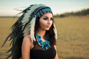 Indian, Native Americans, Black Clothing, Blue, Smooth Skin, Feathers, Headdress