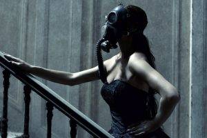 women, Gas Masks, Black Dress