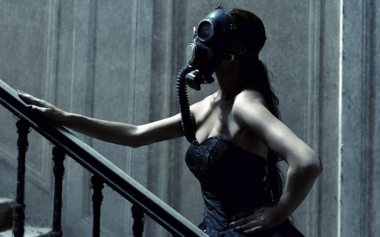 women, Gas Masks, Black Dress HD Wallpaper Desktop Background