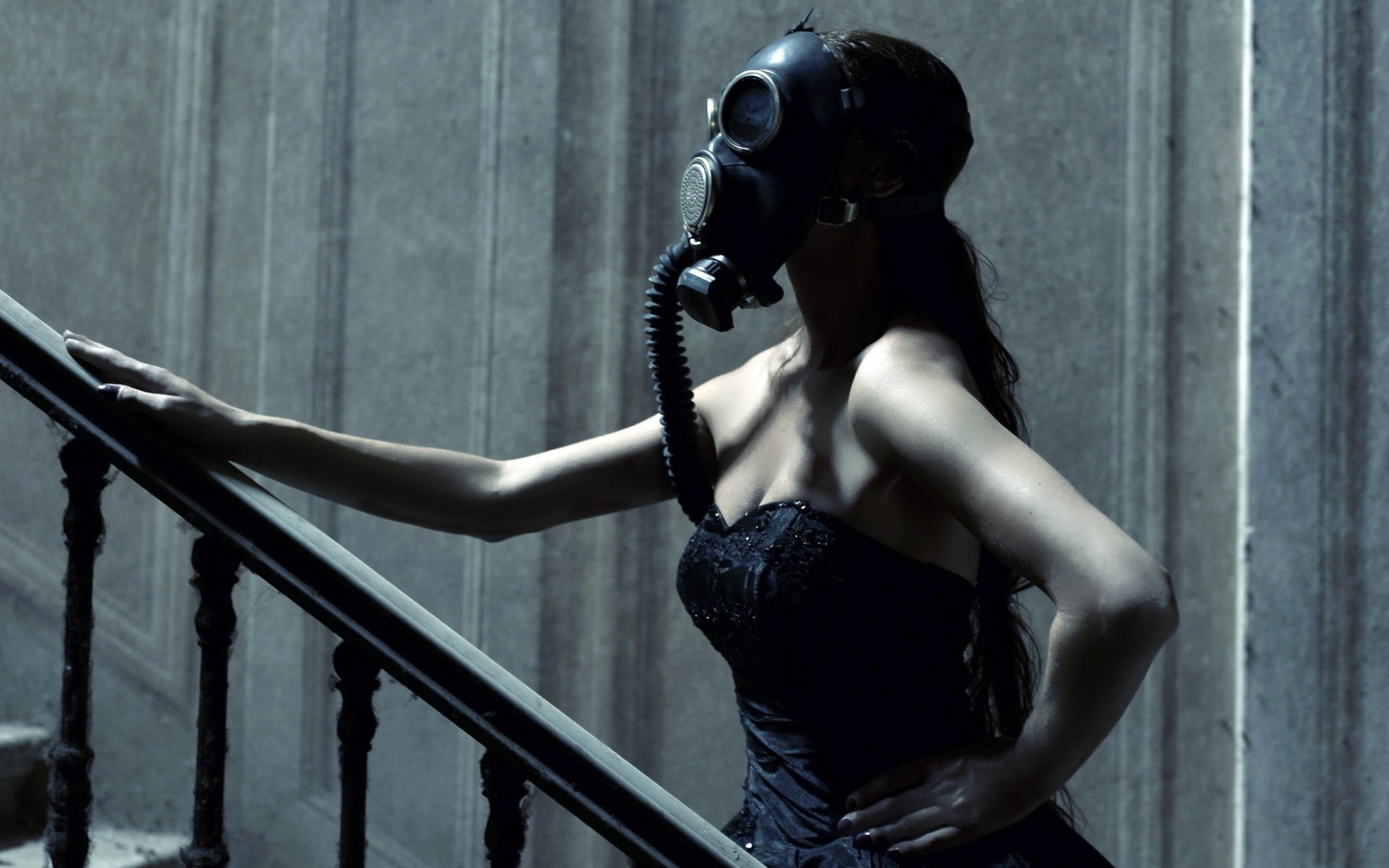 women, Gas Masks, Black Dress Wallpaper
