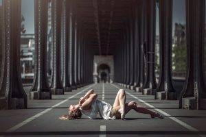 women, Lying Down, Bridge, Road, Blonde