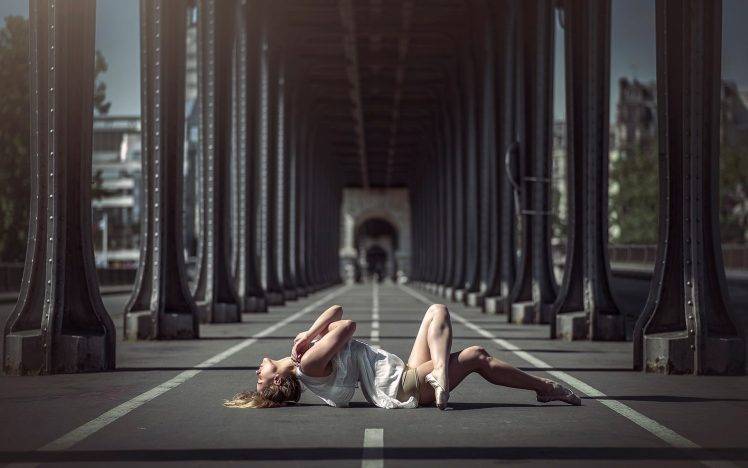women, Lying Down, Bridge, Road, Blonde HD Wallpaper Desktop Background