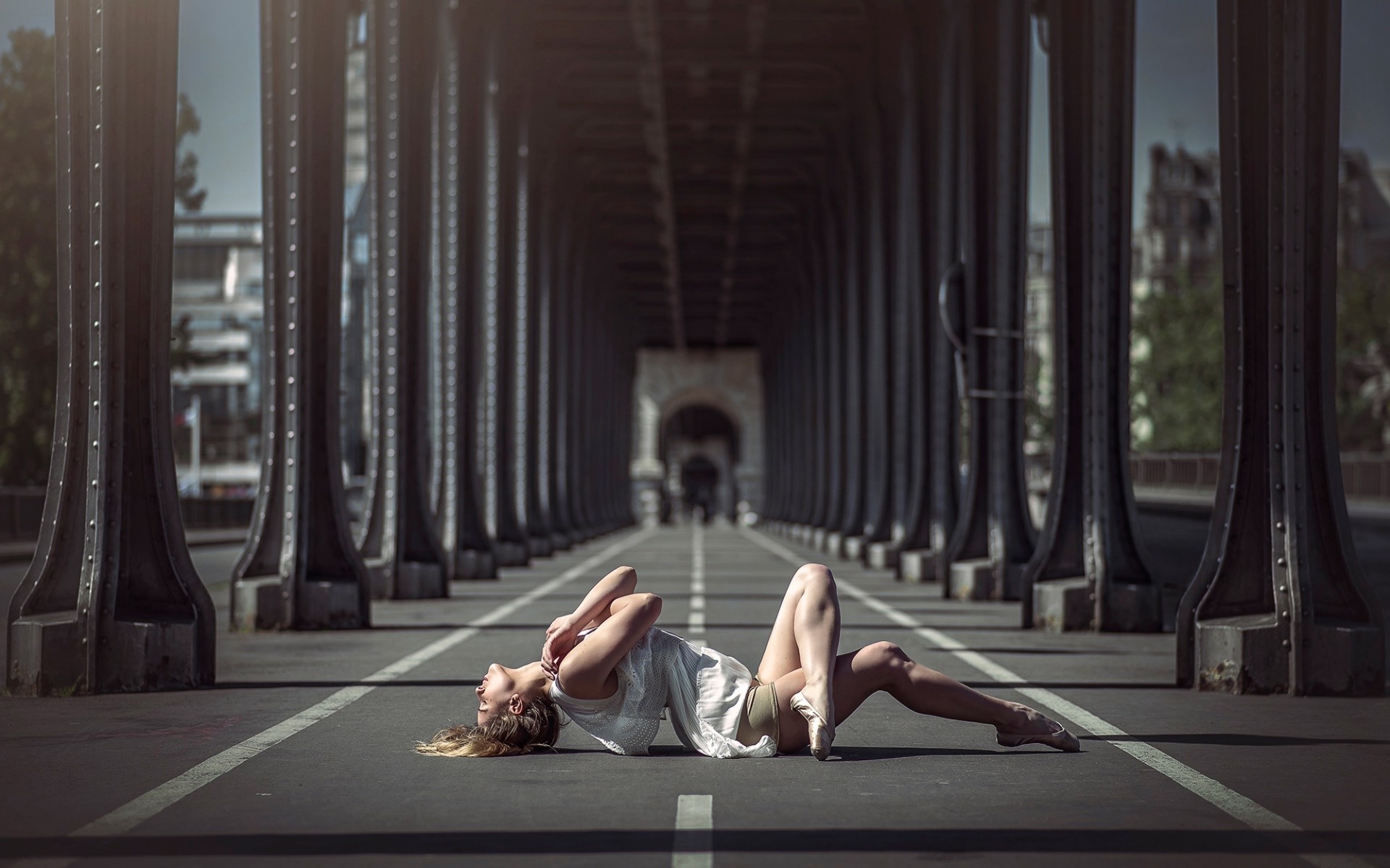 women, Lying Down, Bridge, Road, Blonde Wallpaper