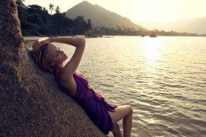 hands On Head, Women Outdoors, Blonde, Closed Eyes, Lake, Mountains, Purple Dresses