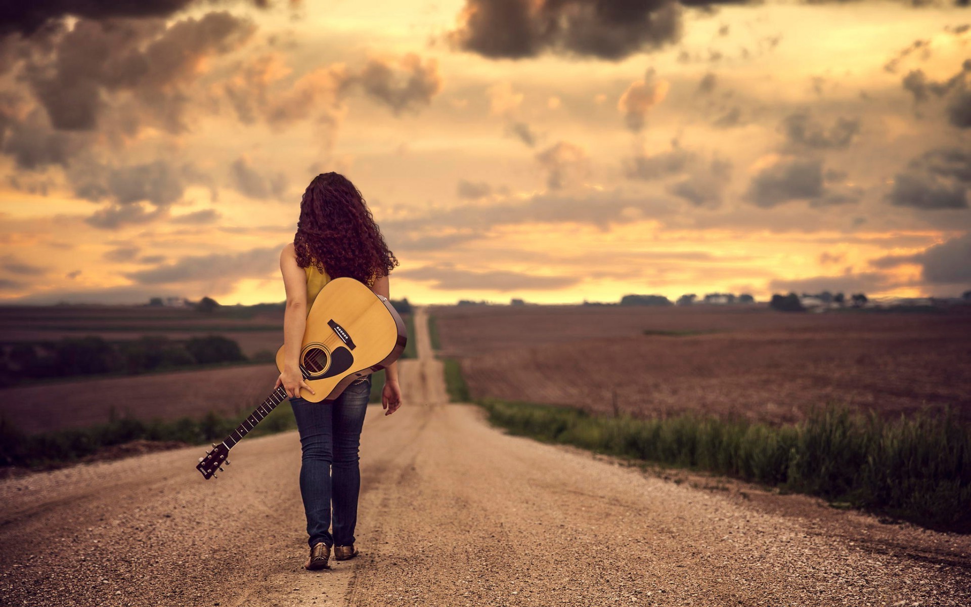 Jake Olson, Curly Hair, Women Outdoors, Guitar, Road, Musical Instrument, Clouds, Jeans, Nebraska Wallpaper