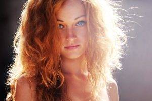 women, Wavy Hair, Blue Eyes, Redhead, Sunlight