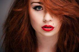 women, Redhead, Blue Eyes, Piercing, Red Lipstick, Nose Rings, Face