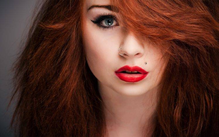 women, Redhead, Blue Eyes, Piercing, Red Lipstick, Nose Rings, Face HD Wallpaper Desktop Background