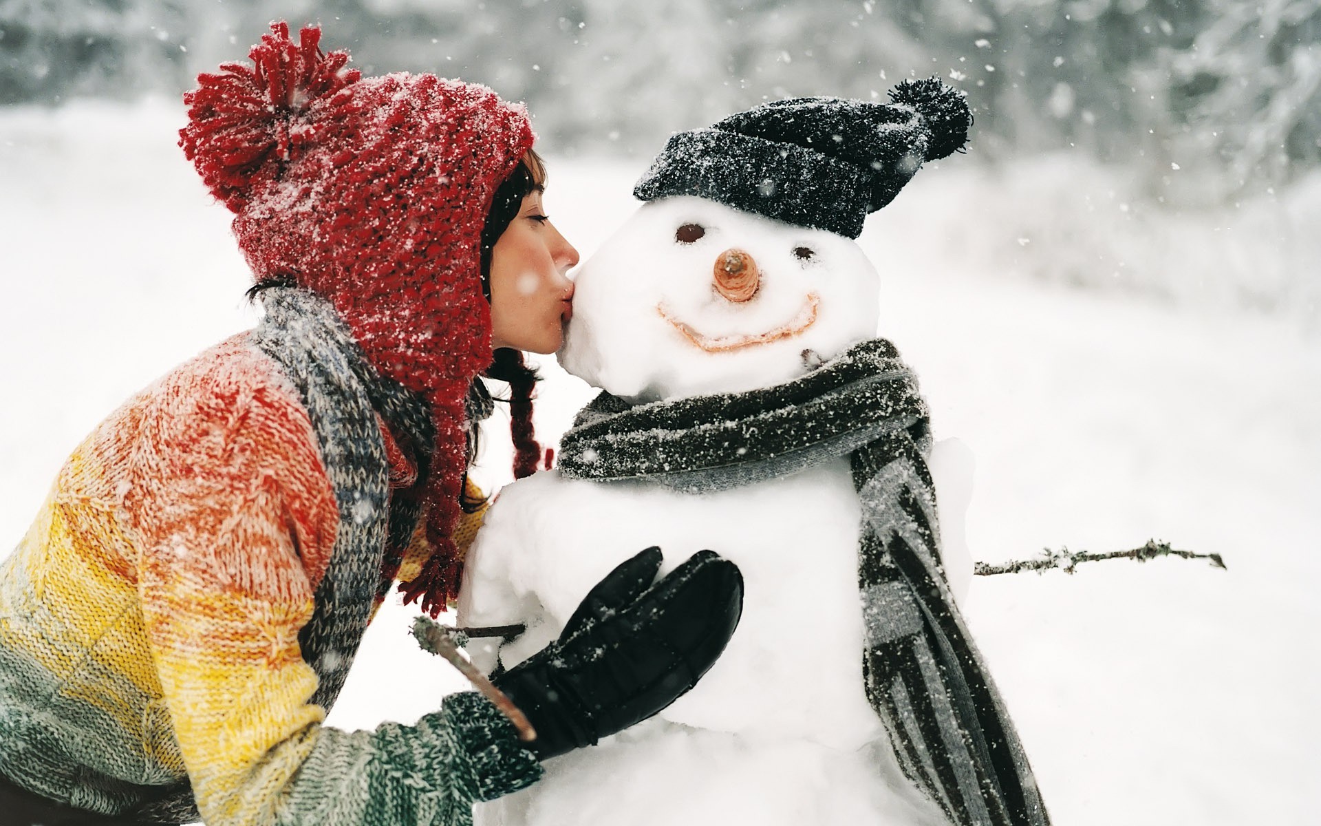 snow, Winter, Kissing, Snowman Wallpaper
