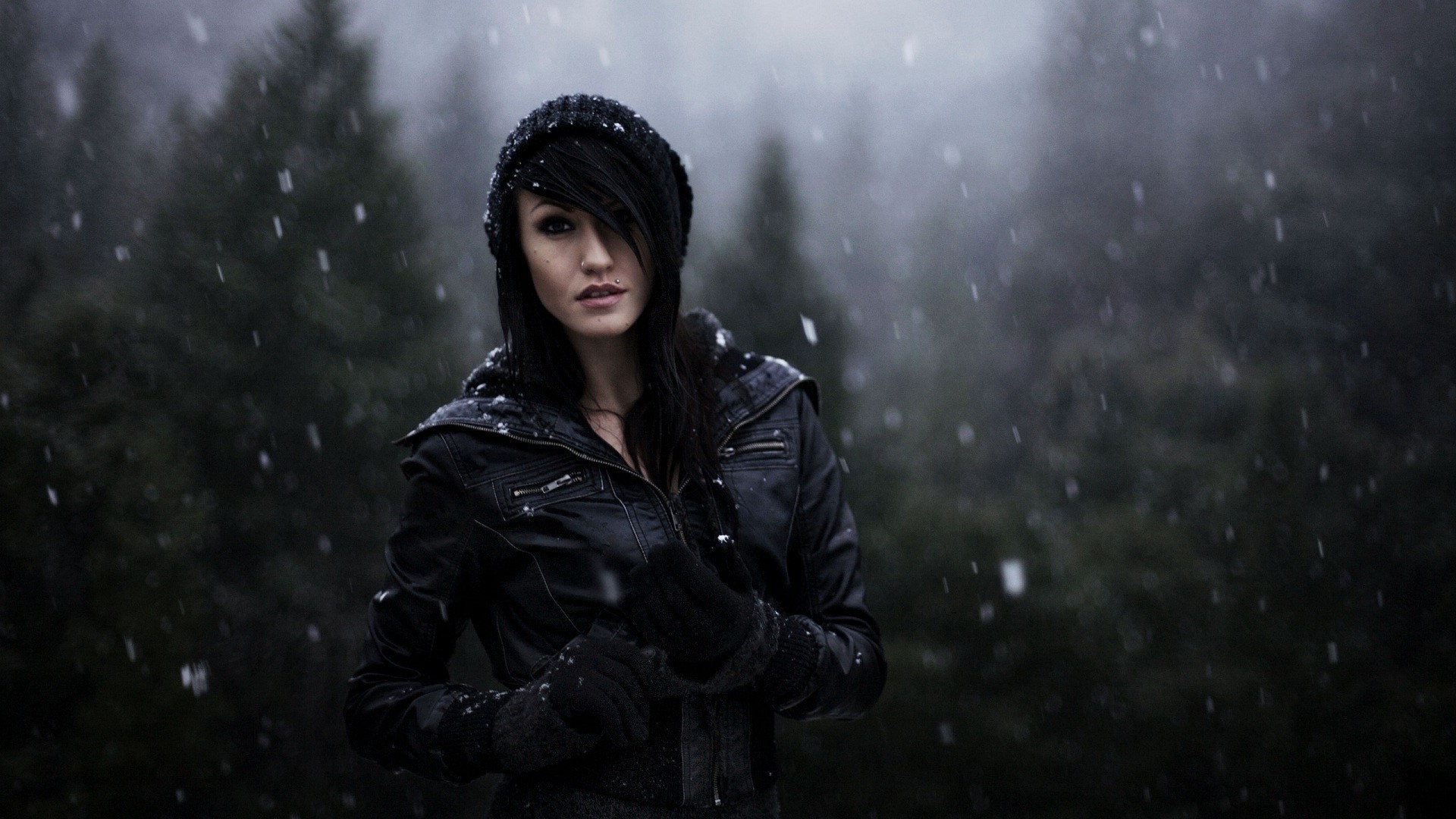 winter, Women, Piercing, Emo, Black Hair, Nature, Depth Of Field, Snow, Forest, Face, Leather Jackets, Gloves Wallpaper