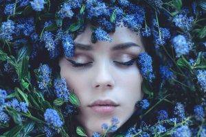 women, Flowers, Face, Closed Eyes, Blue Flowers