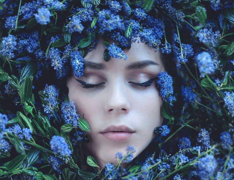 women, Flowers, Face, Closed Eyes, Blue Flowers HD Wallpaper Desktop Background