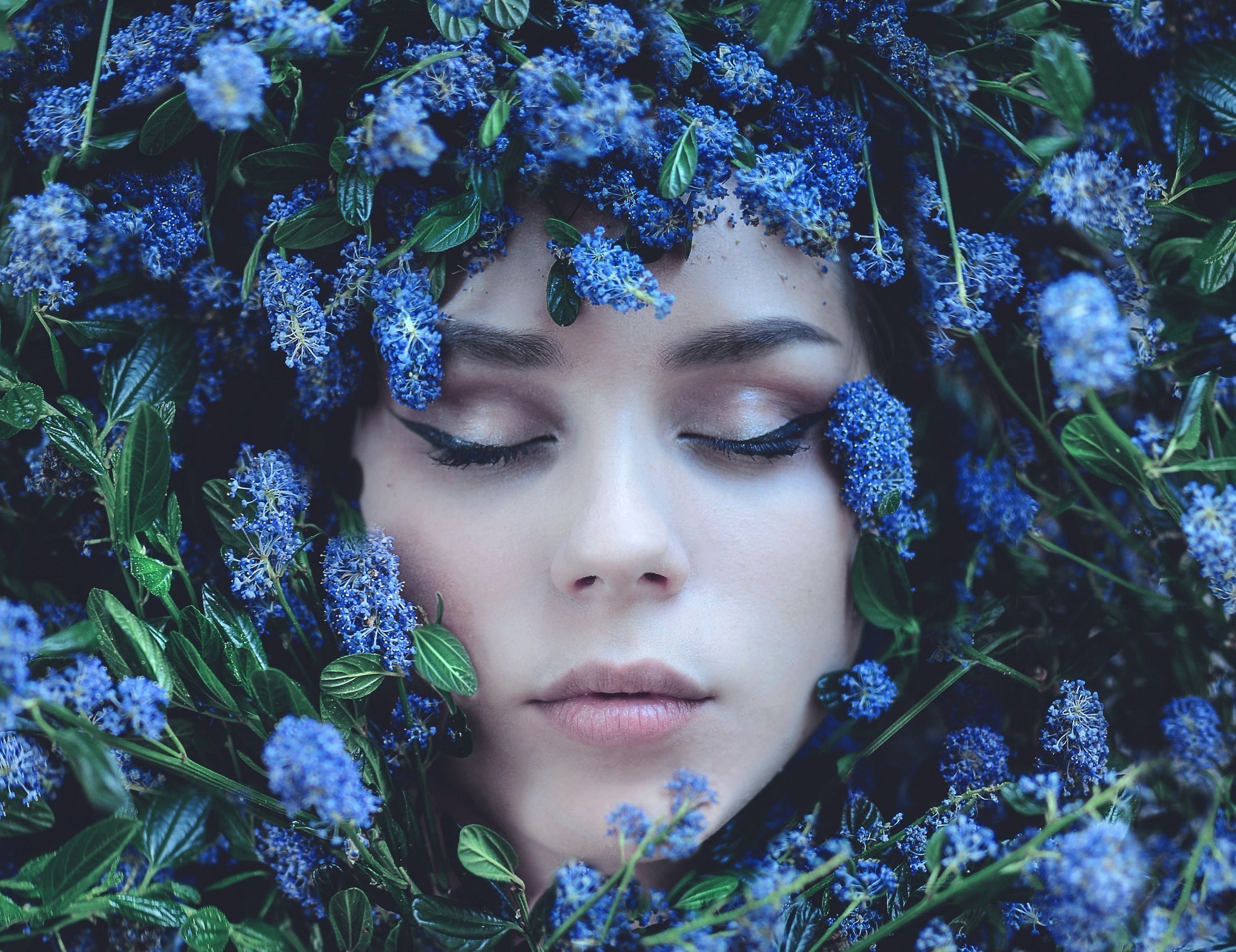 women, Flowers, Face, Closed Eyes, Blue Flowers Wallpaper