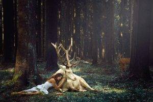 fantasy Art, Forest, Reindeer, Women, Dress, Raindeer