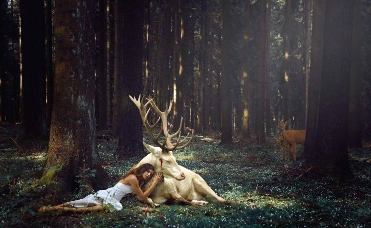 fantasy Art, Forest, Reindeer, Women, Dress, Raindeer HD Wallpaper Desktop Background