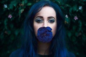 women, Flowers, Blue Hair, Blue Eyes, Blue Flowers