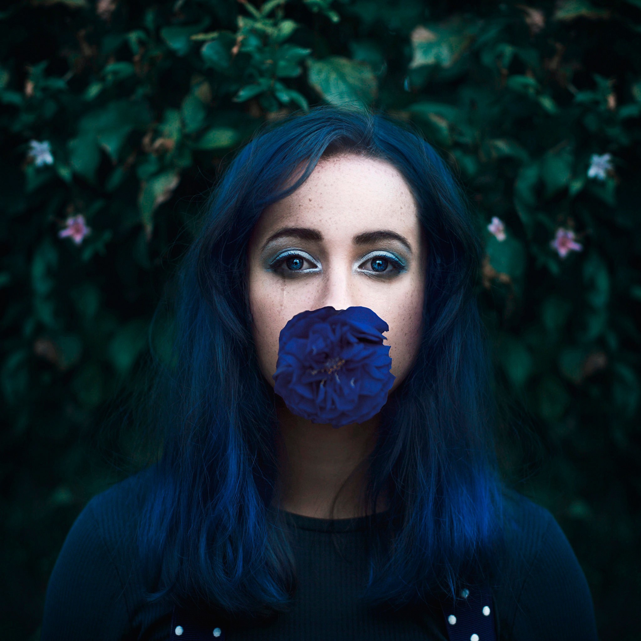 women, Flowers, Blue Hair, Blue Eyes, Blue Flowers Wallpaper