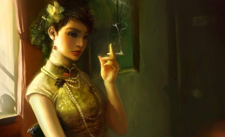 women, Artwork, Smoking HD Wallpaper Desktop Background
