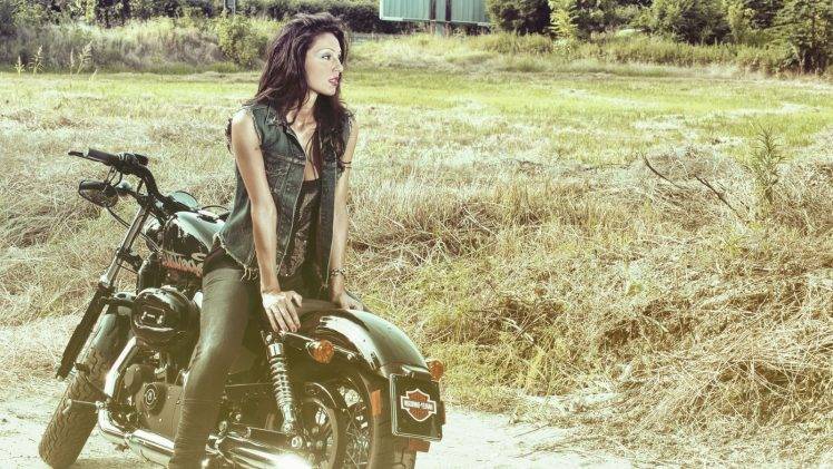 women, Dark Hair, Red Lipstick, Harley Davidson, Motorcycle Wallpapers HD /  Desktop and Mobile Backgrounds