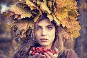 leaves, Fall, Portrait, Berries, Women, Women Outdoors