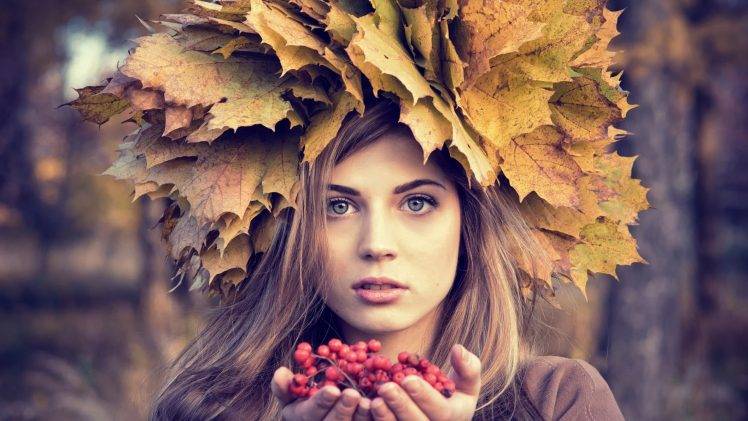 leaves, Fall, Portrait, Berries, Women, Women Outdoors HD Wallpaper Desktop Background