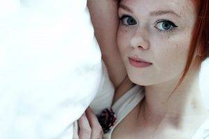 Suicide Girls, In Bed, Women, Redhead, Face, Blue Eyes, Freckles