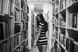 women, Library, Monochrome, Books, Striped Clothing