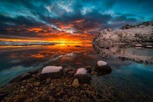 nature, Photography, Landscape, Winter, Sunset, Coast, Sea, Mountains, Snow, Sky, Clouds, Sunlight, Lofoten Islands, Norway