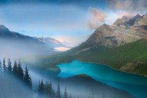 nature, Photography, Landscape, Lake, Mountains, Forest, Mist, Turquoise, Water, Pine Trees, Valley, Banff National Park, Canada